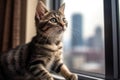 Curious Kitten with Big Innocent Eyes on Urban Windowsill with Cityscape Background