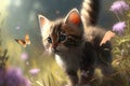 Curious kitten chasing a vibrant butterfly through a flowery meadow on a sunny day