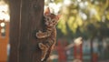 Curious kitten climbing tree in backyard Royalty Free Stock Photo
