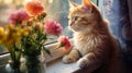 Curious Kitten Sniffs Flower in Close-up Shot generated by AI tool
