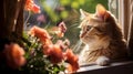 Curious Kitten Sniffs Flower in Close-up Shot generated by AI tool