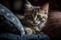 Curious Kitten Nestles In Fluffy Pillows, Ready For Nap. Generative AI