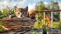 A curious kitten and a playful puppy sit together in a cozy basket, looking out with wonder by the houses entrance Royalty Free Stock Photo