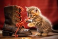 curious kitten playing with a shoelace on a leather boot Royalty Free Stock Photo