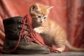 curious kitten playing with a shoelace on a leather boot Royalty Free Stock Photo