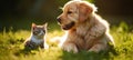 Curious kitten plays with friendly dog on sunlit green lawn with defocused background