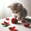 Curious kitten sniffs rose. AI Generated