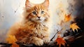 A curious kitten is surrounded by the beauty of falling leaves. AI generation