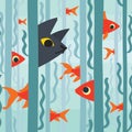 Curious kitty watching aquarium fish swimming among seaweed. Conceptual artwork. Vector illustration of kitty hunting