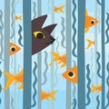 Curious kitty watching aquarium fish swimming among seaweed. Conceptual artwork. Vector illustration of kitty hunting