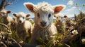 curious lambs looking at the camera in spring. generative ai Royalty Free Stock Photo