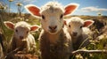 curious lambs looking at the camera in spring. generative ai Royalty Free Stock Photo