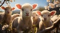 curious lambs looking at the camera in spring. generative ai Royalty Free Stock Photo