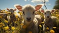 curious lambs looking at the camera in spring. generative ai Royalty Free Stock Photo