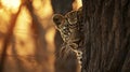 A curious leopard peeks out from behind a tree its spots illuminated by the light of the rising sun Royalty Free Stock Photo