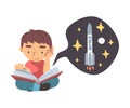Curious Little Boy Reading Book about Solar Planets Studying Space and Galaxy Vector Illustration