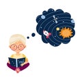 Curious Little Boy Studying Space and Galaxy Reading Book about Solar Planets Vector Illustration