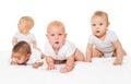 Curious looking babies crawl in a row together Royalty Free Stock Photo