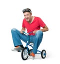 The curious man on a children's bicycle, on white background.
