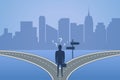 Businessman standing on the crossroad and chooses way. Concept of choice the best solution for future or busines. Vector