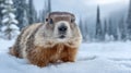 Curious marmot in snowy forest with pine trees on a winter day Royalty Free Stock Photo