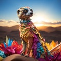 A curious meerkat, its alert origami form standing tall amidst a folded paper desert landscape by AI generated