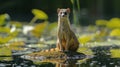Yellow Mongoose Sitting on a Rock in a Pond, Basking in Sunlight Royalty Free Stock Photo