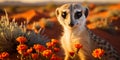 A curious meerkat standing alert on its hind legs, sandy desert stretching into the distance be Royalty Free Stock Photo