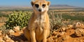 A curious meerkat standing alert on its hind legs, sandy desert stretching into the distance beh Royalty Free Stock Photo