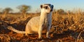A curious meerkat standing alert on its hind legs, sandy desert stretching into the distance behi Royalty Free Stock Photo