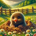 Curious Mole in Meadow, Whimsical Fluffy Molehill Scene