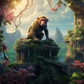 Curious Monkey atop Ancient Ruin in Lush Jungle