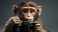 Curious monkey holding a camera while posing for a picture, AI-generated.