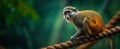 The curious monkey perched on a rope in its lush forest habitat..AI generated image Royalty Free Stock Photo