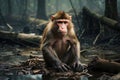 A curious monkey is standing in a body of water with a camera around its neck