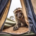 Curious monkey stands at the entrance of a tent, peeking out into the surrounding area, an unusual angle,