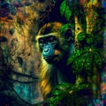 Curious monkey in surreal abstract jungle (generative AI)