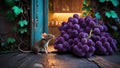 Cute Mouse and Grapes in Rustic Kitchen Setting Royalty Free Stock Photo
