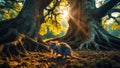 Adorable Grey Rat Underneath Majestic Tree at Sunrise Royalty Free Stock Photo