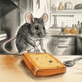 Curious Mouse Sniffs Cheese on Kitchen Counter