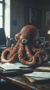 Curious octopus explores documents on work surface Royalty Free Stock Photo