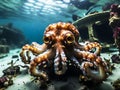 A curious octopus exploring a shipwreck site