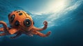 Curious Octopus Interacts With Deep-Sea Mining Robot in Clear Underwater Environment Royalty Free Stock Photo