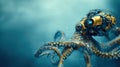 Curious Octopus Interacts With Innovative Deep-Sea Mining Robot in Pristine Underwater Environment Royalty Free Stock Photo