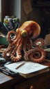 Curious Octopus Surrounded by Writing Instruments