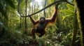Curious Orangutan Swinging in Lush Forest Royalty Free Stock Photo