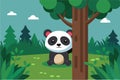 A curious panda hides behind a tree, enjoying the tranquility of its green, vibrant forest environment Panda hiding behind tree, Royalty Free Stock Photo