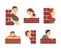 Curious people peeking from behind brick wall set cartoon vector illustration