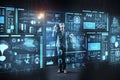 Curious programmer standing in front of a screen in virtual reality glasses