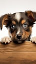 Curious puppy hiding behind empty board on white background